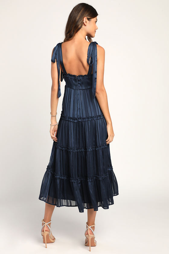 Day for Romance Navy Blue Tie-Strap Tiered Midi Dress