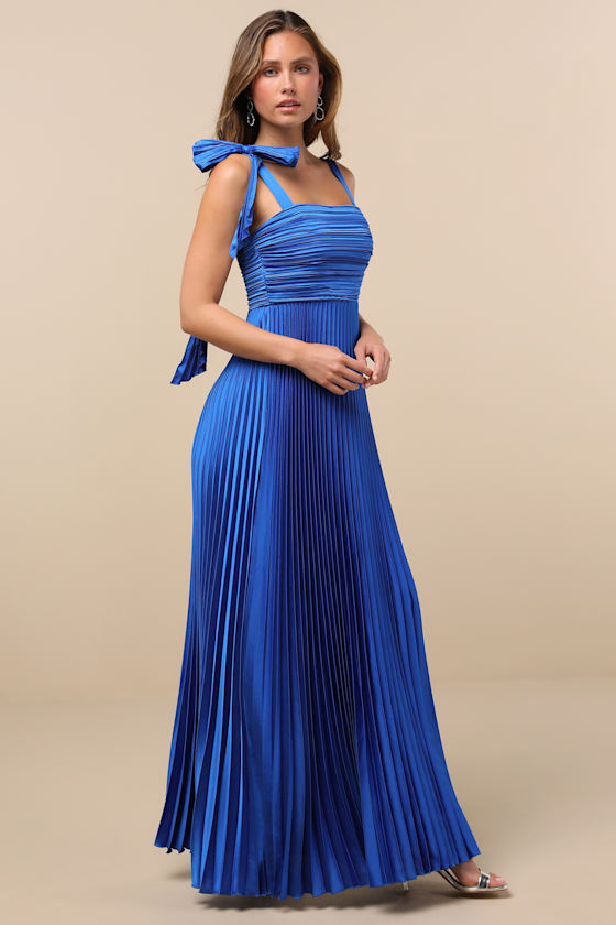 Gorgeous Purpose Royal Blue Pleated Sleeveless Bow Maxi Dress