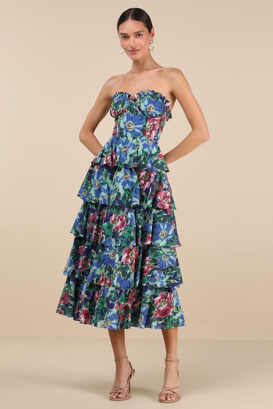 Nayha Blue Multi Floral Strapless Tiered Midi Dress