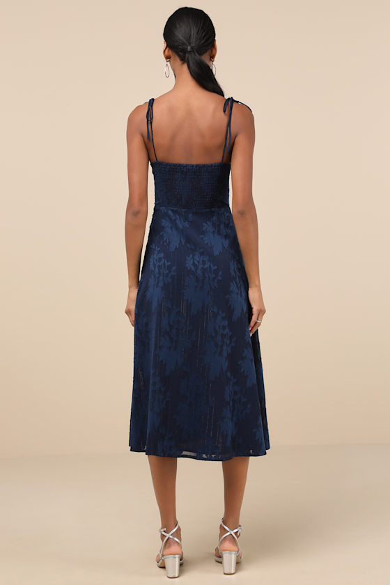 Loveliest Looks Navy Blue Floral Jacquard Tie-Strap Midi Dress