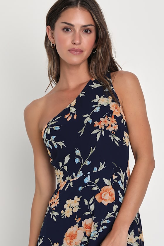 Elegant Admiration Navy Blue Floral One-Shoulder Maxi Dress