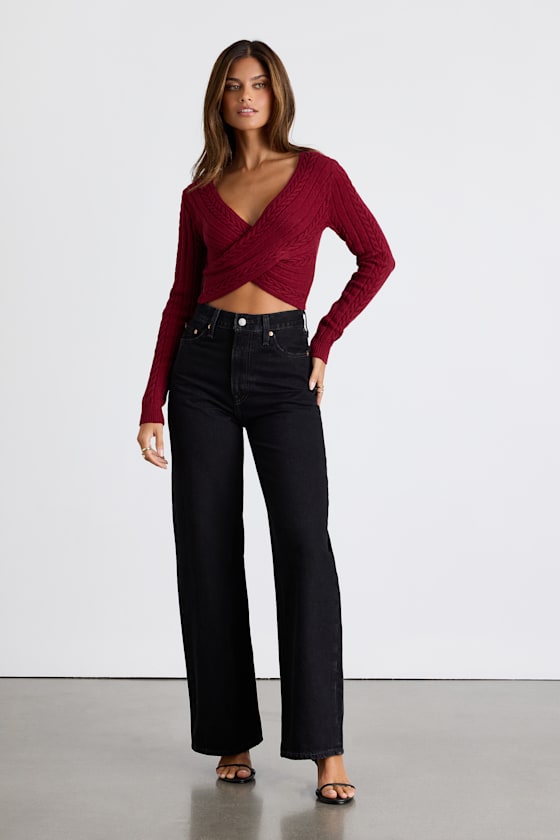 Feliya Dark Red Cable Knit Cross-Front Sweater Crop Top