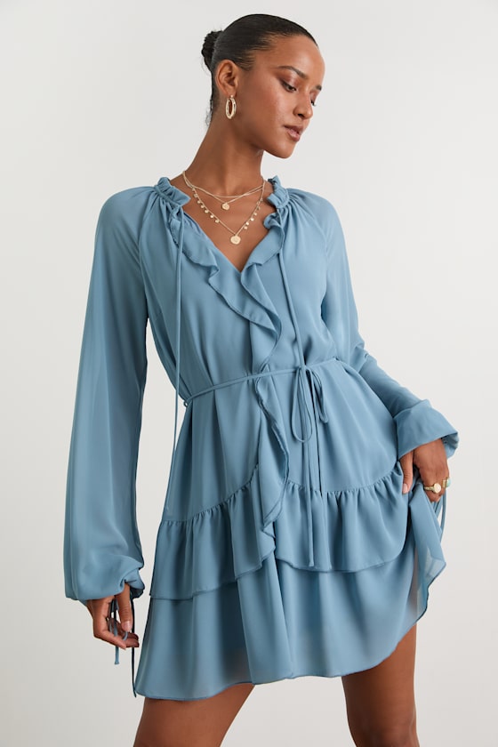 Allirah Light Blue Ruffled Long Sleeve Mini Dress