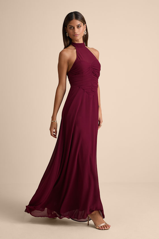 Cammie Burgundy Halter Neck Ruched Maxi Dress