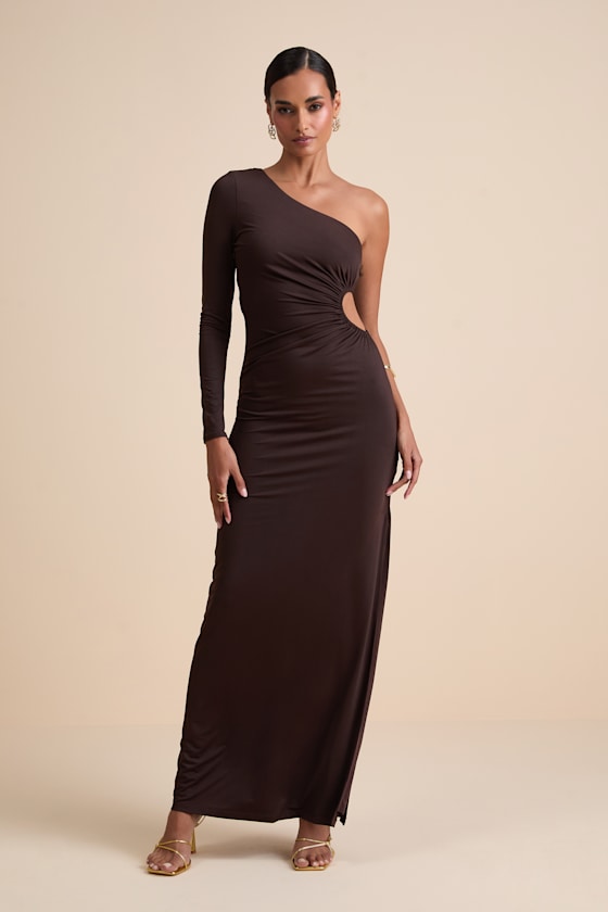 Malayah Brown Jersey Knit Cutout Column Maxi Dress