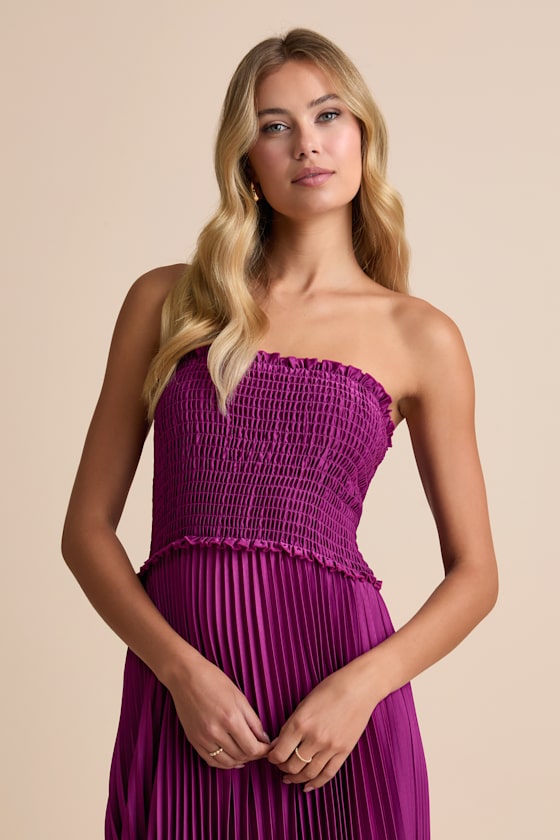 Damira Magenta Satin Pleated Strapless Maxi Dress