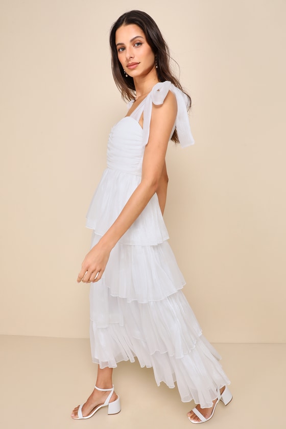 Radiant Arrival Shiny White Organza Tiered Tie-Strap Maxi Dress