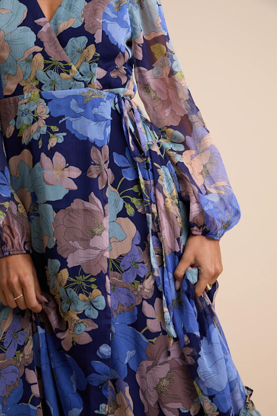 Feeling Sweet Navy Floral Print Long Sleeve Wrap Maxi Dress