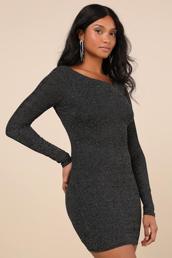 Gift of Love Black and Silver Backless Long Sleeve Bodycon Dress