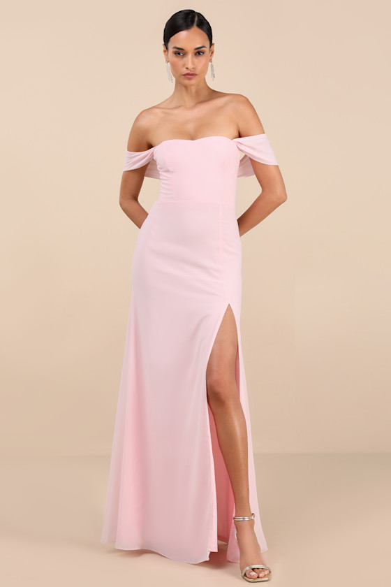Magical Magnetism Light Pink Off-the-Shoulder Maxi Dress