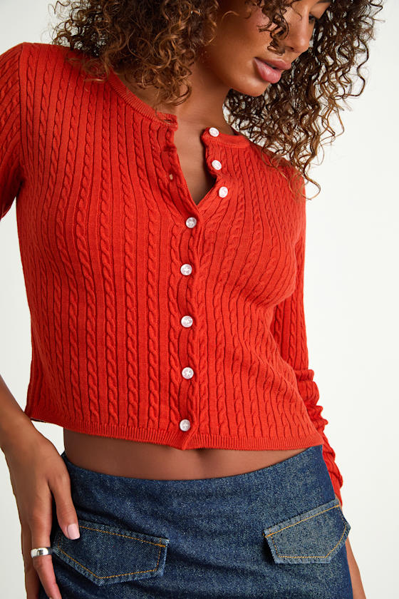 Marylu Bright Red Cable Knit Cardigan Sweater Top