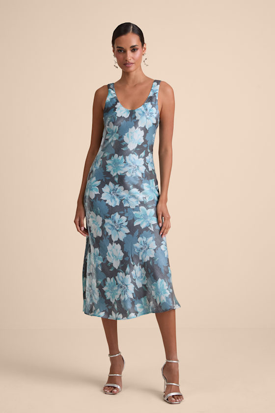 Romantic Whims Blue Floral Print Organza Sleeveless Slip Dress