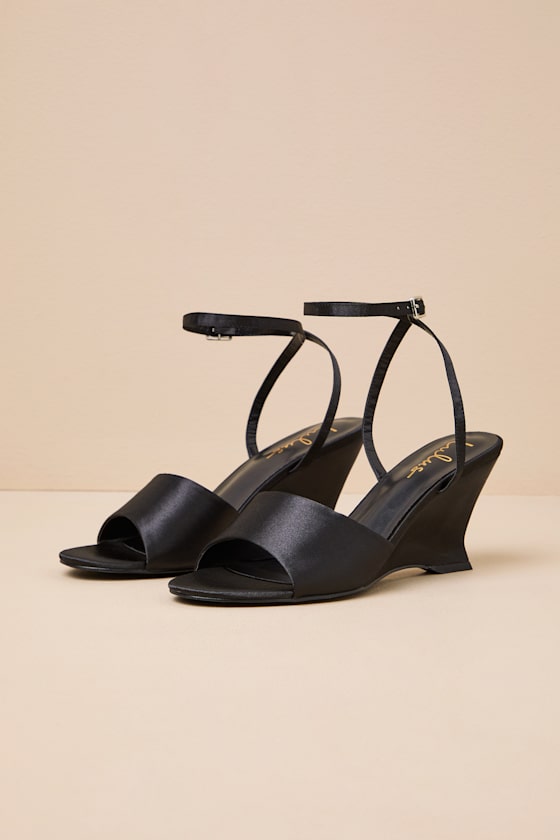 Chiarina Black Satin Ankle Strap Wedge Sandals