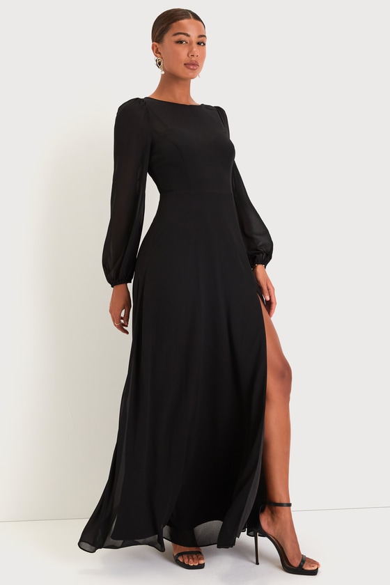 Prestigious Poise Black Backless Balloon Sleeve Maxi Dress