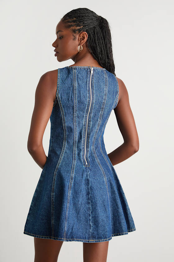 Marchella Dark Wash Denim Seamed Mini Dress