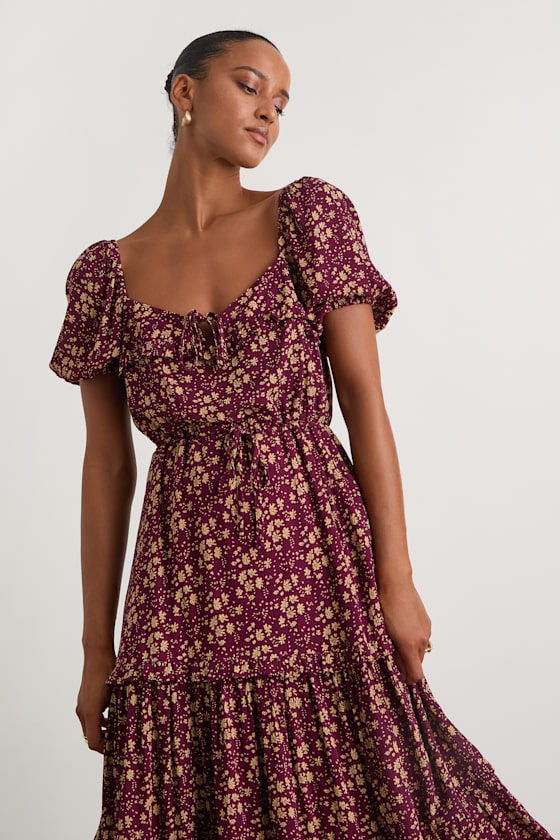 Adorable Ideal Burgundy Floral Print Tiered Ruffled Midi Dress