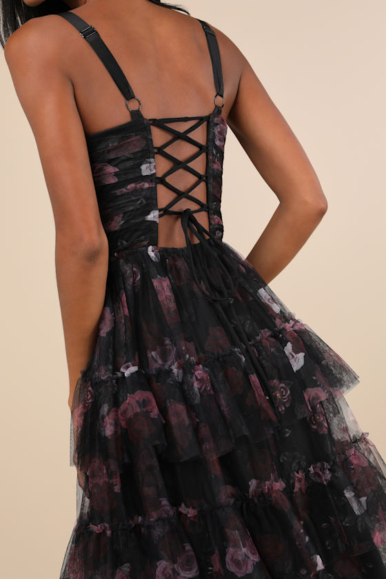 Sentimental Charisma Black Floral Mesh Tiered Midi Dress