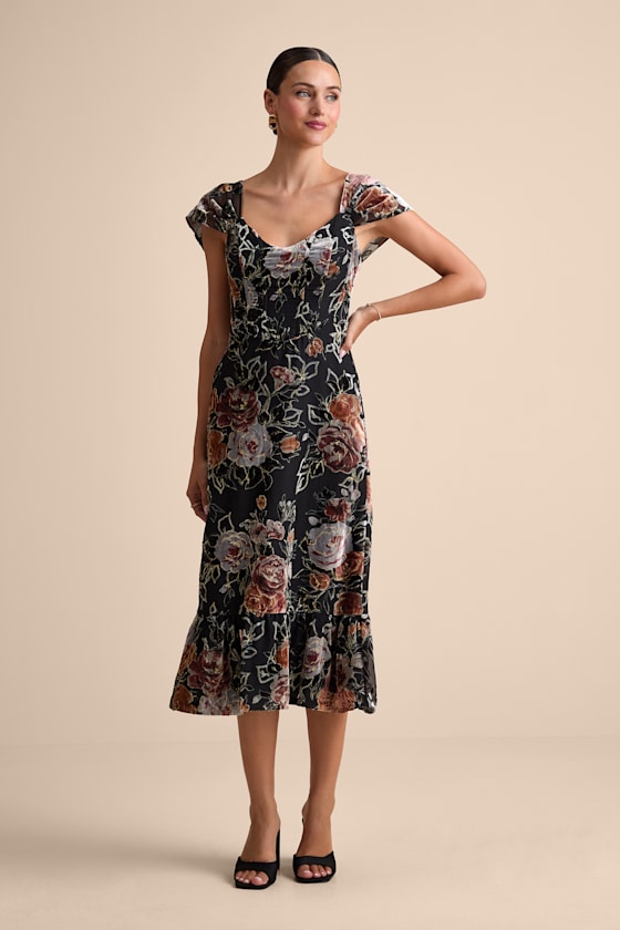 Composed Beauty Black Burnout Velvet Floral Midi Dress