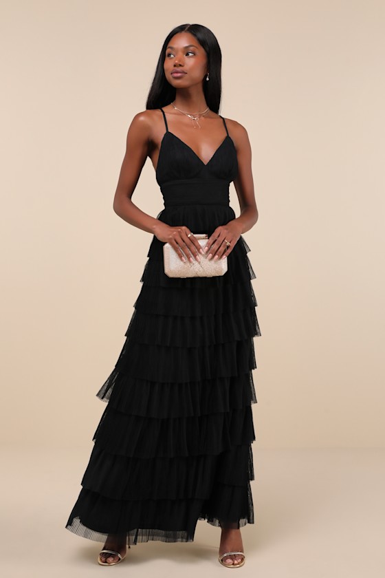 Radiant Event Black Mesh Tiered Pleated Backless Maxi Dress
