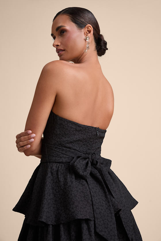 Truly Marvelous Black Jacquard Strapless Tiered Midi Dress
