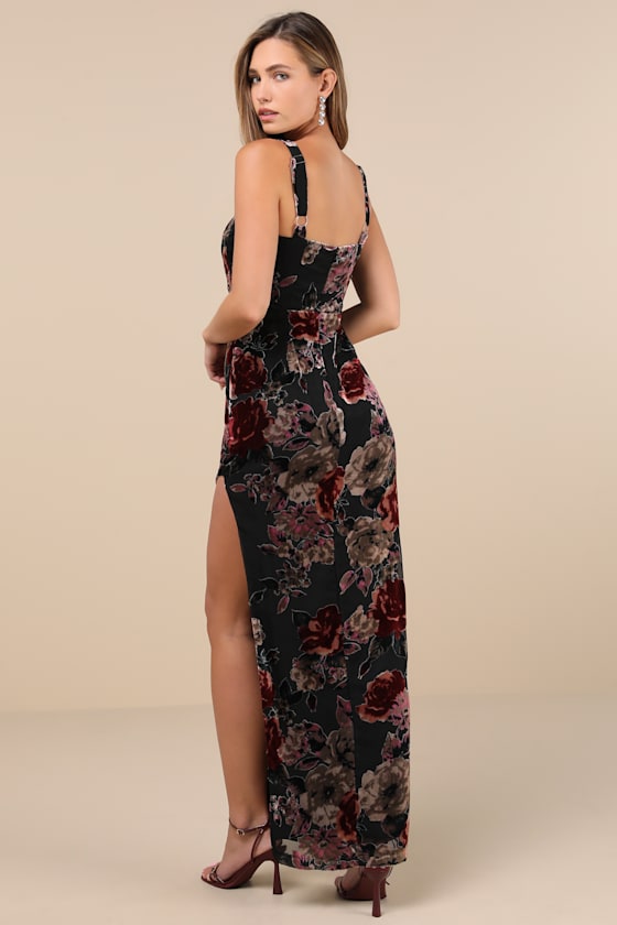 Blissful Evening Black Floral Velvet Burnout Maxi Dress