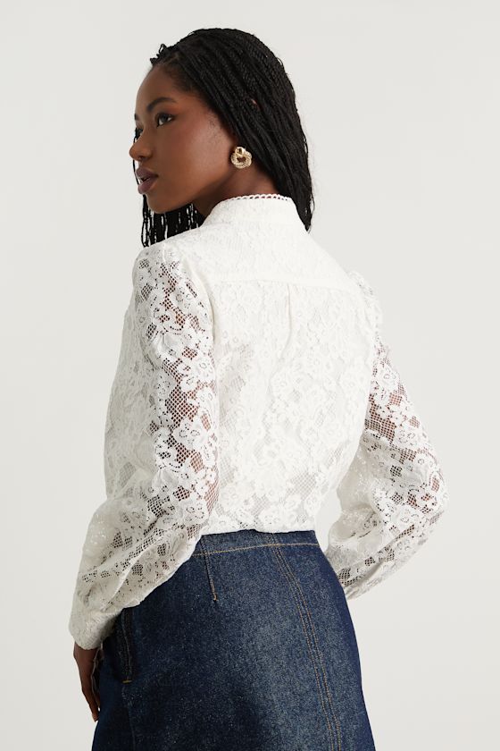 Mirabie Ivory Lace Button-Front Long Sleeve Bodysuit