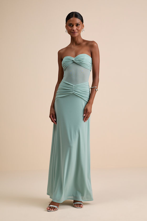 Ursella Sage Blue Mesh Strapless Maxi Dress