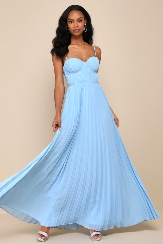 Admirable Elegance Light Blue Pleated Bustier Maxi Dress