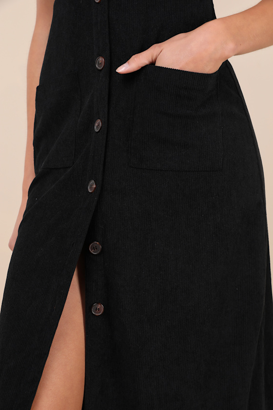 Certainly the Sweetest Black Corduroy Button-Front Midi Dress