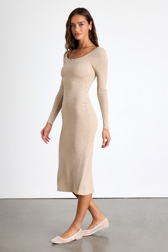 Certainly Darling Heather Beige Ribbed Long Sleeve Midi Dress