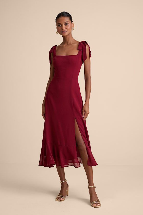 Summer Invite Wine Red Tie-Strap Tiered Midi Dress