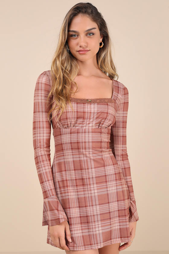 Especially Adored Light Brown Plaid Long Sleeve Mini Dress