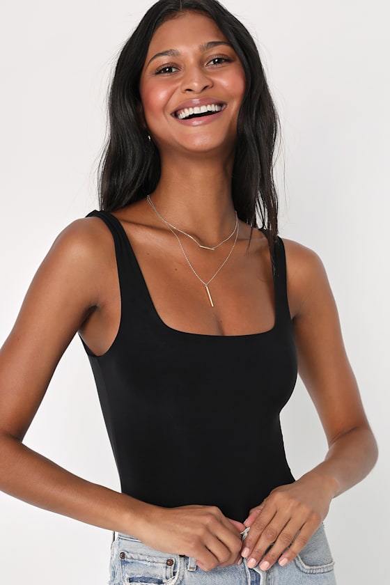 Sophisticated Ease Black Knit Square Neck Bodysuit