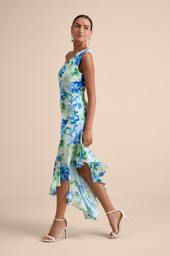 Divinely Blooming Lime Multi Floral One-Shoulder Midi Dress