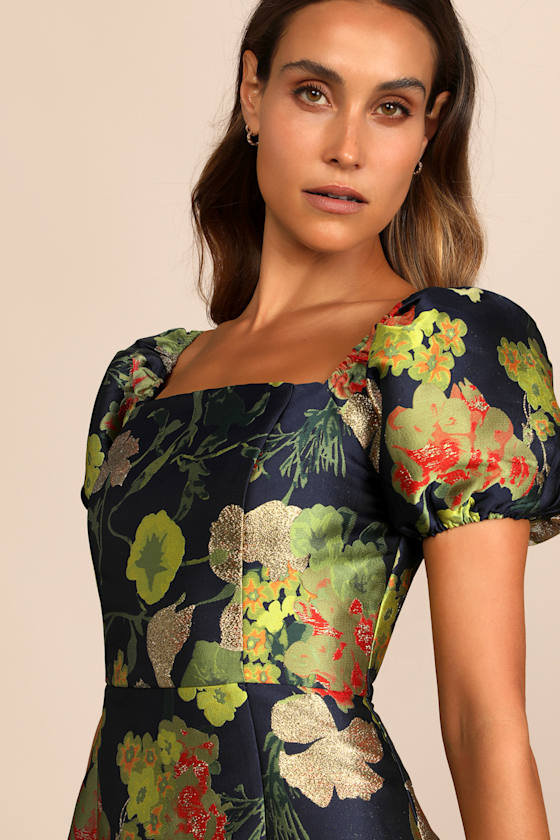So Stunning Navy Blue Floral Jacquard Puff Sleeve Mini Dress