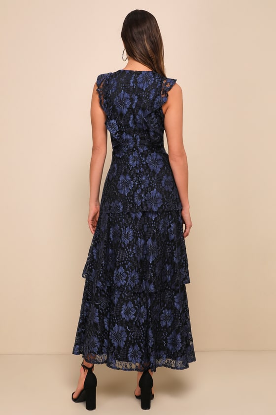 Molinetto Navy Blue Lace Ruffled Tiered Sleeveless Maxi Dress