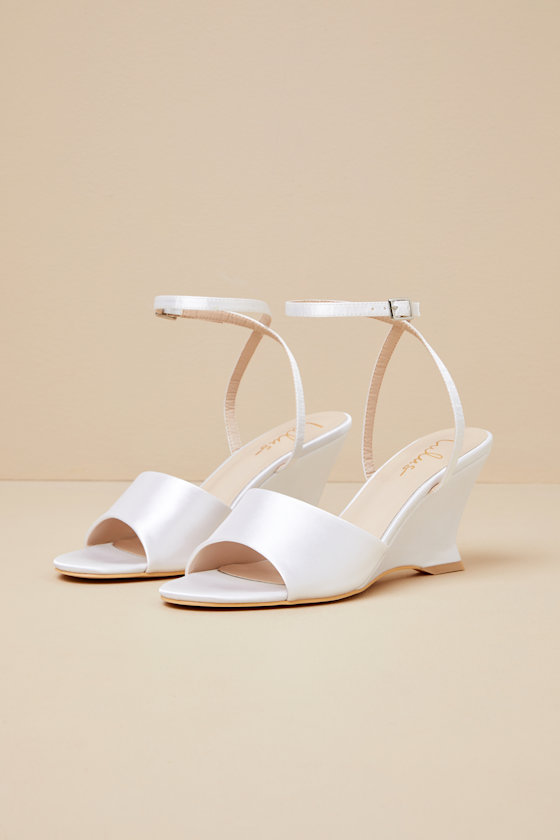 Chiarina White Satin Ankle Strap Wedge Sandals