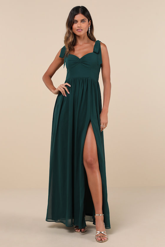 Radiant Charisma Emerald Chiffon Ruched Tie-Strap Maxi Dress