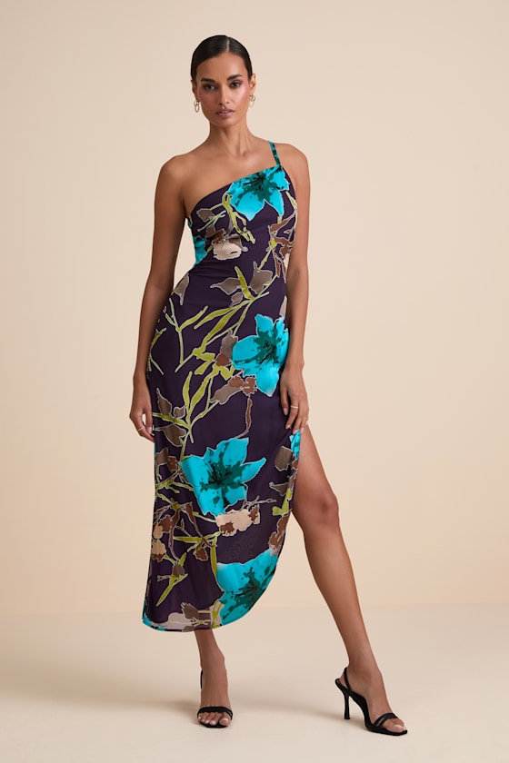 Elzina Plum Floral Satin Asymmetrical Midi Dress
