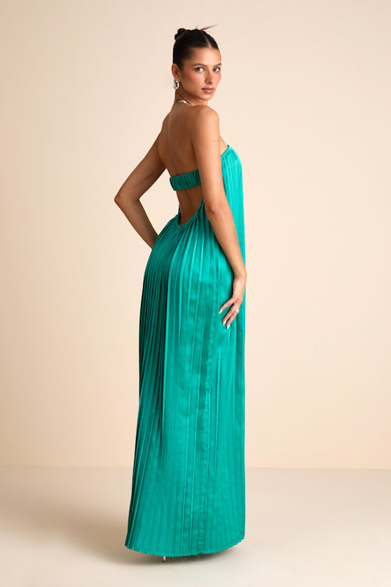 Celandine Teal Green Pleated Strapless Swing Maxi Dress