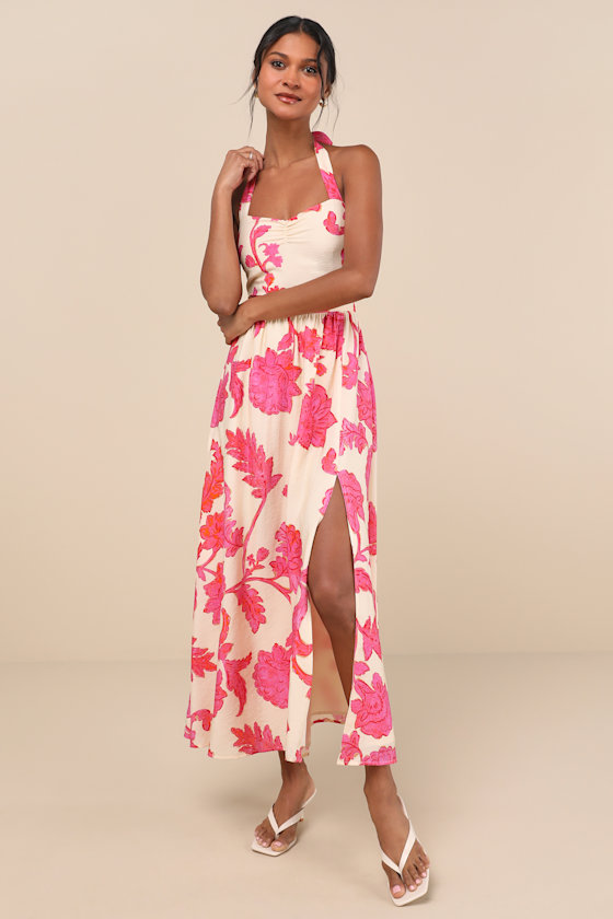 Layton Pink and Cream Floral Halter Maxi Dress