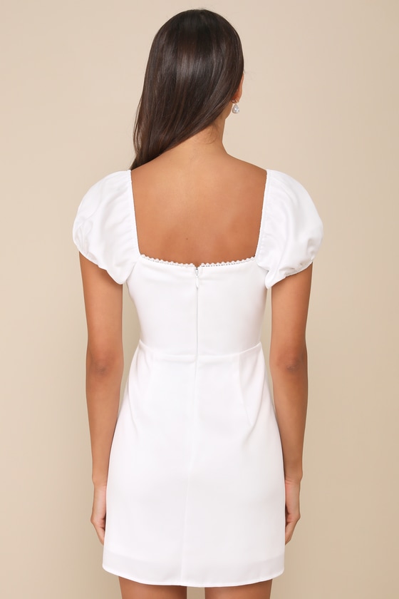Adorable Poise White Pearl Puff Sleeve Mini Dress