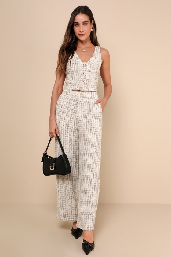 Posh Perception Ivory and Black Plaid Tweed Cropped Button Top