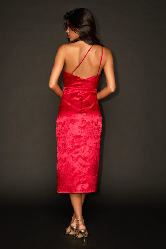 Desirable Dream Red Satin Jacquard Halter Neck Midi Dress