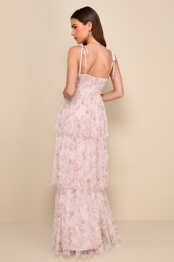 Blissfully Gorgeous Blush Floral Tie-Strap Bustier Maxi Dress