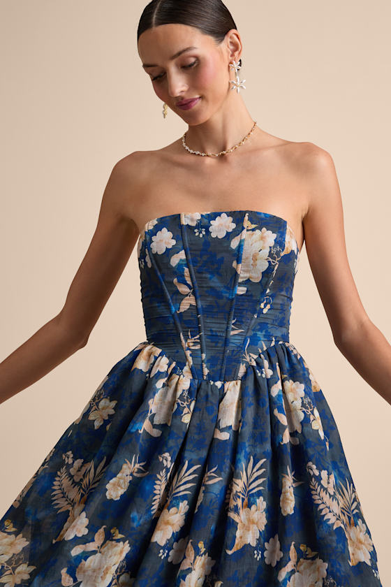 Eulalia Dark Blue Floral Lace-Up Strapless Bustier Midi Dress