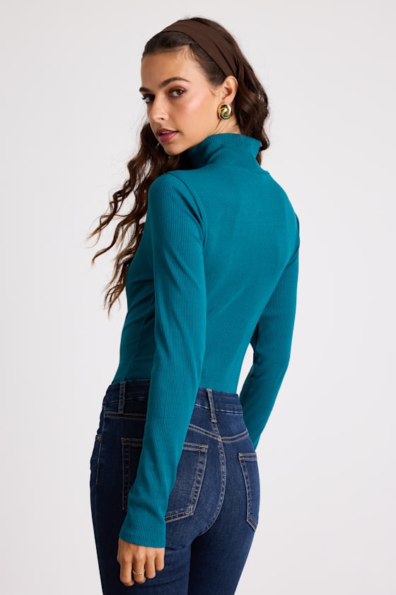 Wilde Teal Ribbed Long Sleeve Mock Neck Bodysuit