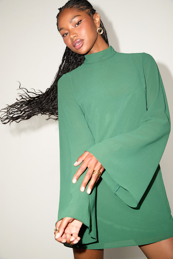 Perfected Charm Dark Green Bell Sleeve Mini Shift Dress