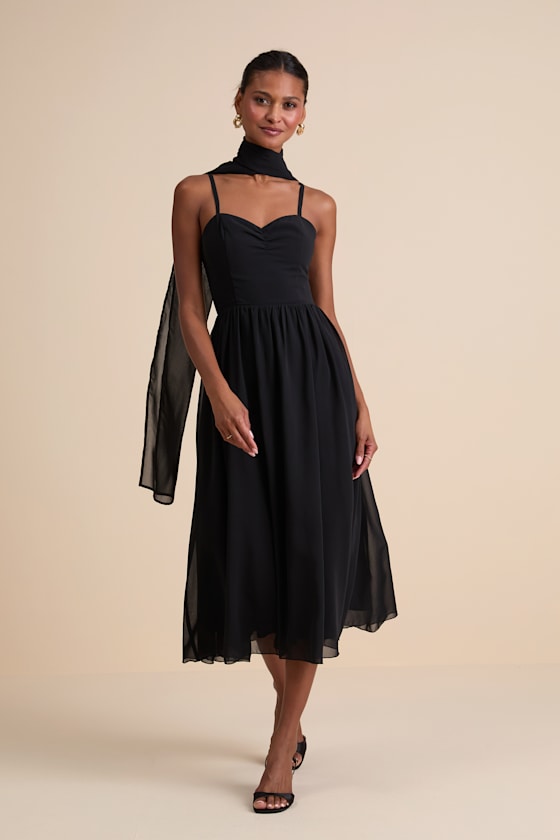 Irresistibly Darling Black Chiffon Midi Dress and Scarf Set