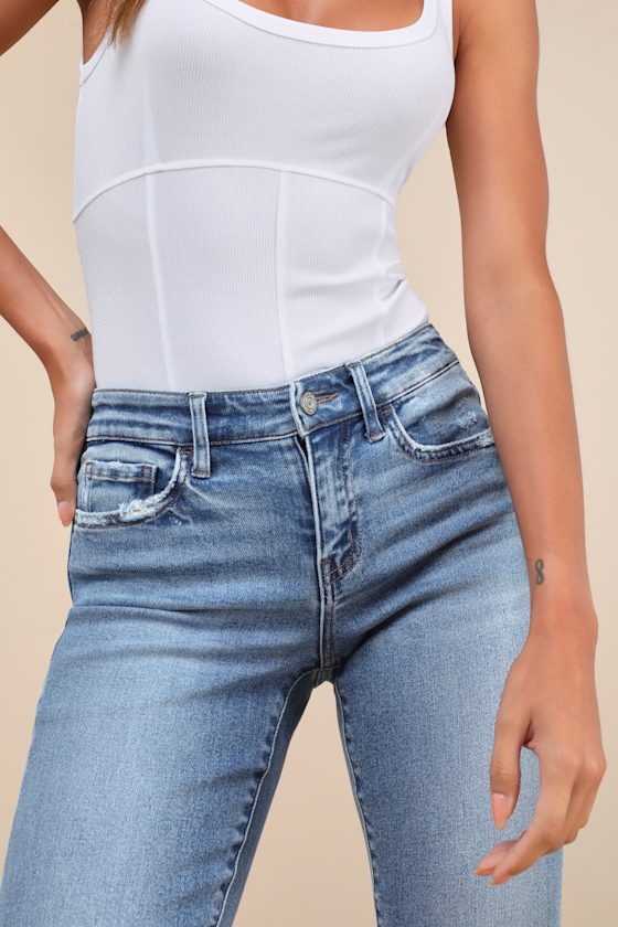 Melissa Light Wash Mid-Rise Straight Leg Raw Hem Jeans